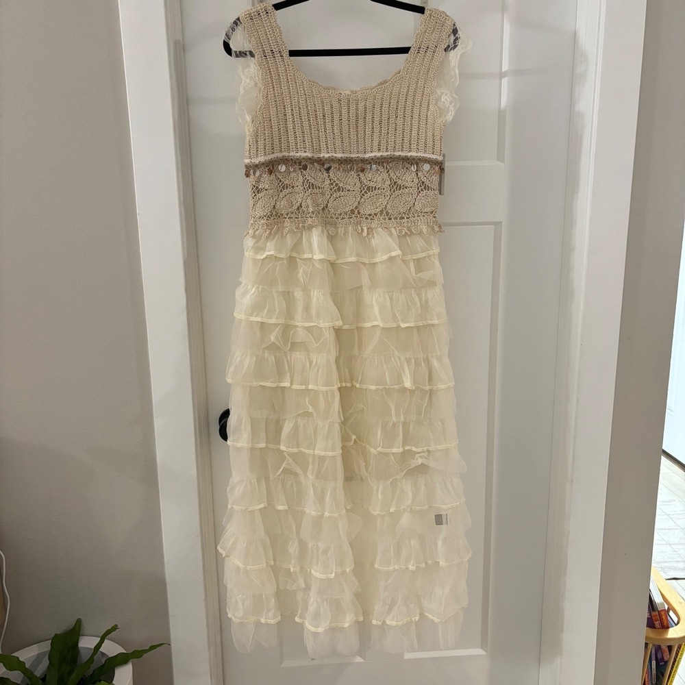 POL Boho Crochet Lace Ruffle Maxi Dress Women's Sleeveless Cream Bridal One Size